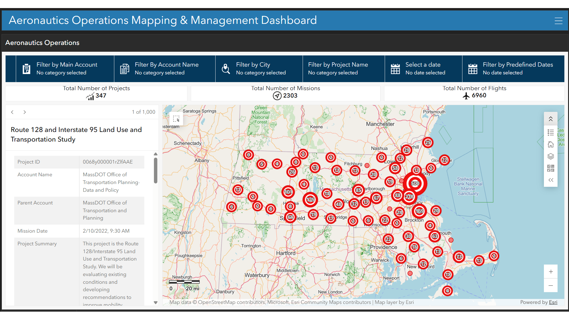 Aeronautics Operations dashboard showing projects, missions, and flights, with a bar chart by agency and a dot-cluster map of Massachusetts.