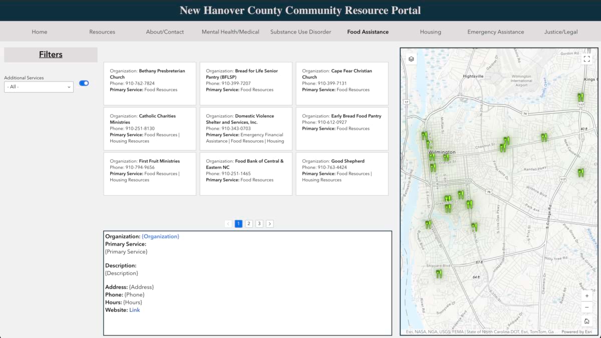 Screenshot of New Hanover County's Community Resource Portal showing a filtered list of food assistance organizations next to an interactive map.