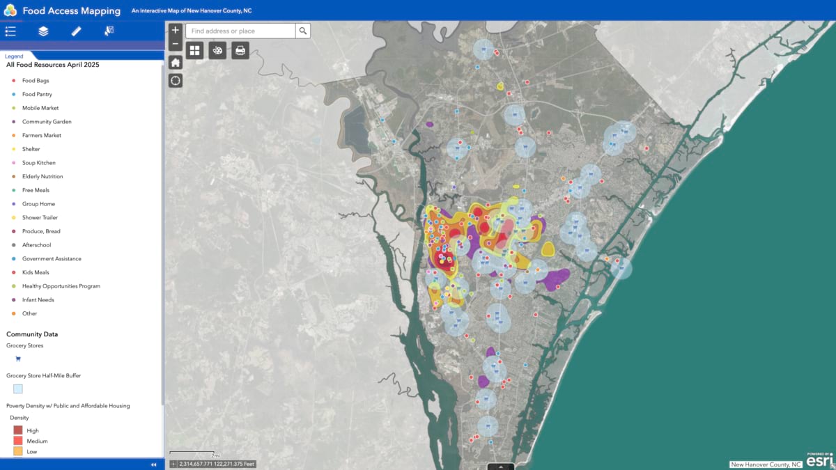 Full New Hanover County map showing all tracked food resource locations across the county.