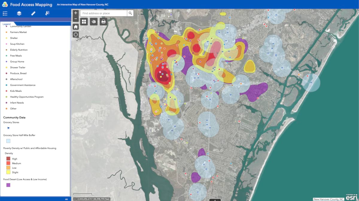 County map showing clustered food desert and poverty density zones with dozens of resource points.