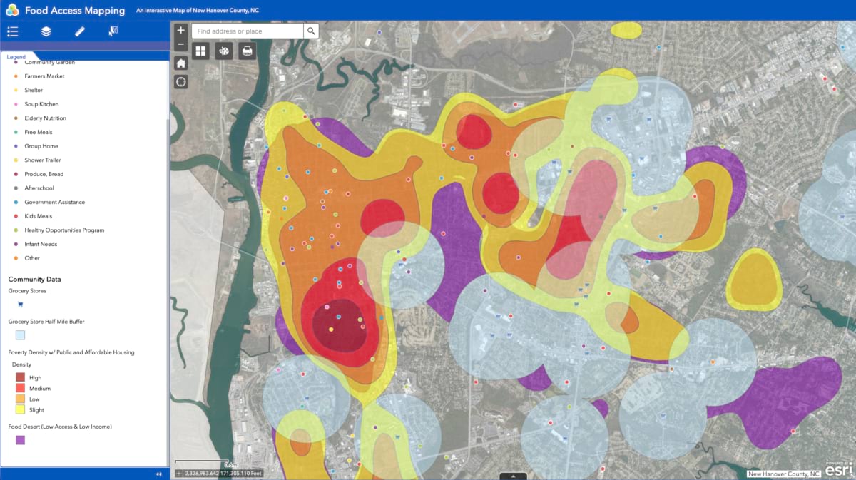 Coastal New Hanover County map showing scattered food desert zones near Wrightsville Beach.