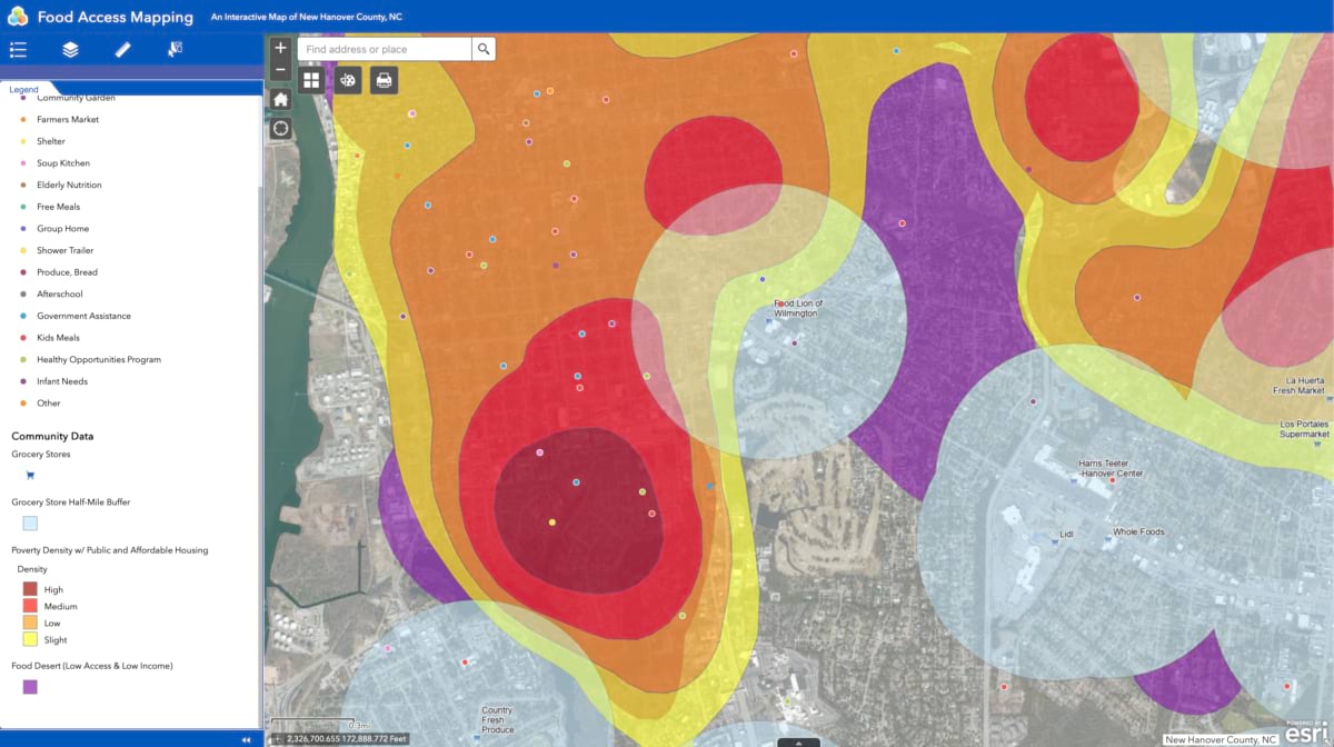 Interactive map showing overlapping poverty and food desert zones near a Wilmington grocery store.