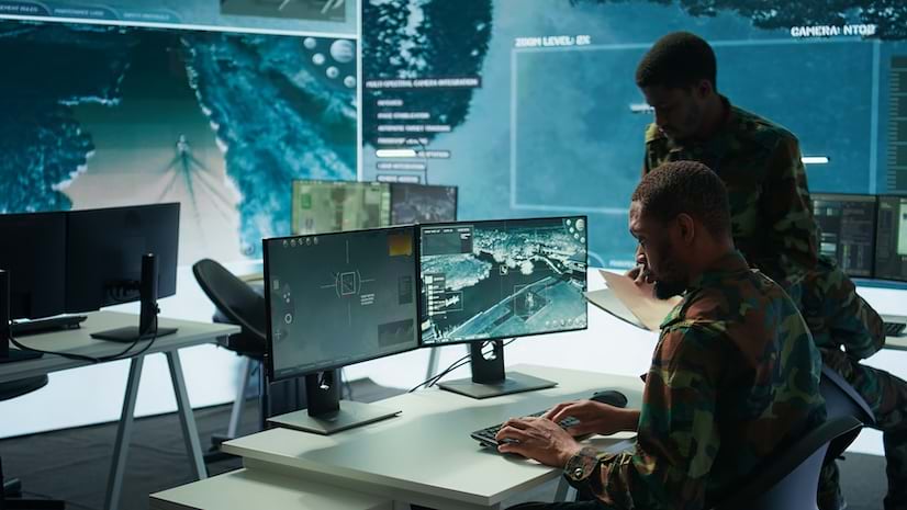 Two men looking at a map on a computer in a mission control setting