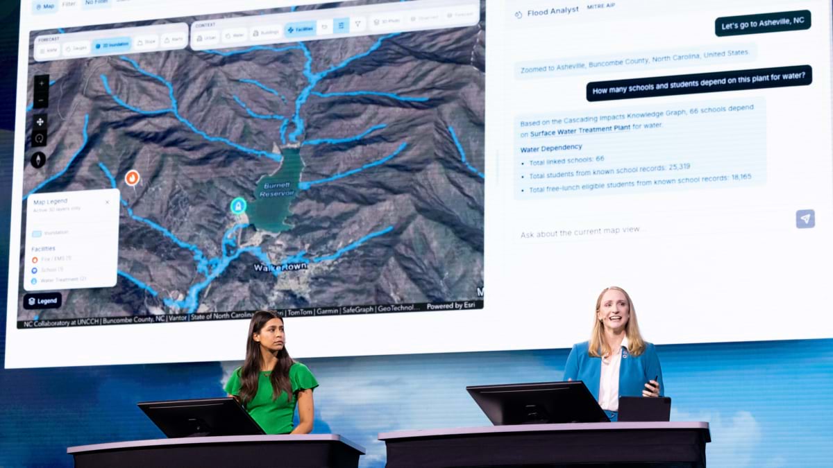 Presenters demo the Cascading Impacts Explorer, showing a watershed map and a chat query on school water dependency.