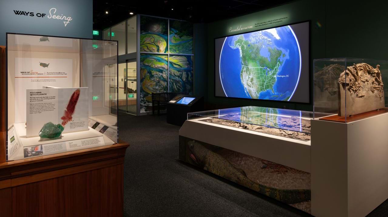A large screen shows a rotating globe centered on North America above cases of minerals and fossils.