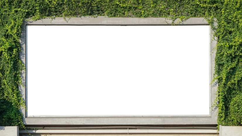 A blank, street-level billboard surrounded by ivy