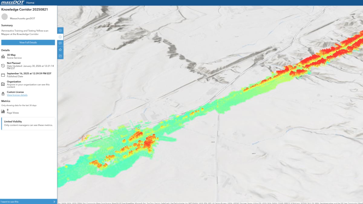 ArcGIS Hub 3D lidar point cloud of the Knowledge Corridor displayed in green, yellow, and red elevation gradients stretching diagonally across a gray terrain basemap.