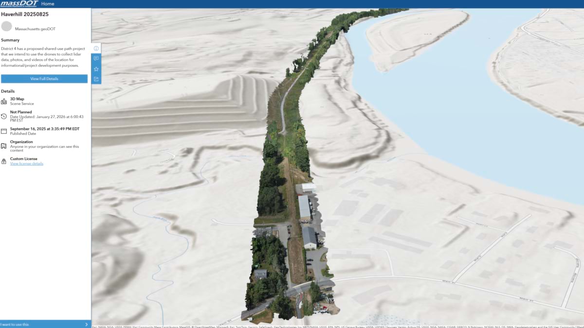 ArcGIS Hub 3D scene of a narrow vegetated corridor in Haverhill, Massachusetts, running parallel to the Merrimack River with surrounding terrain shown in gray.