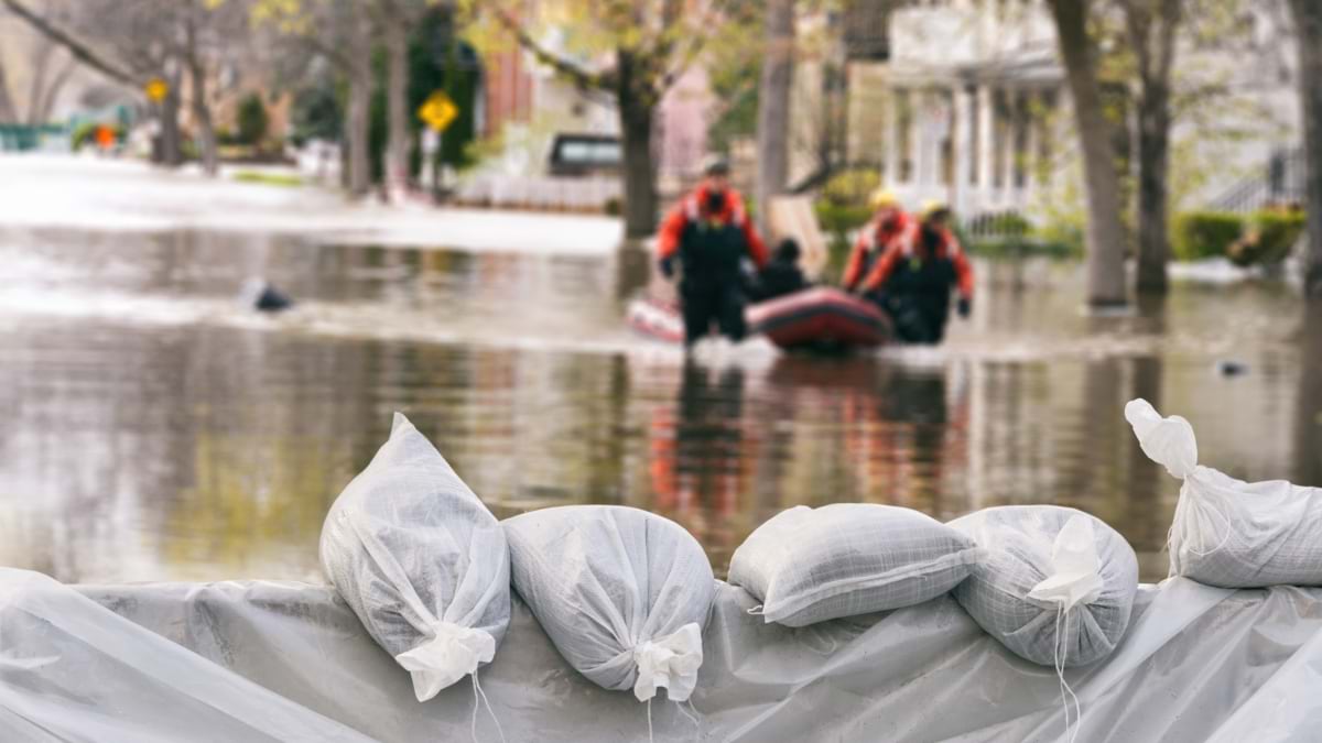 Sandbags line a flooded street as rescuers in a boat navigate a flooded residential neighborhood.