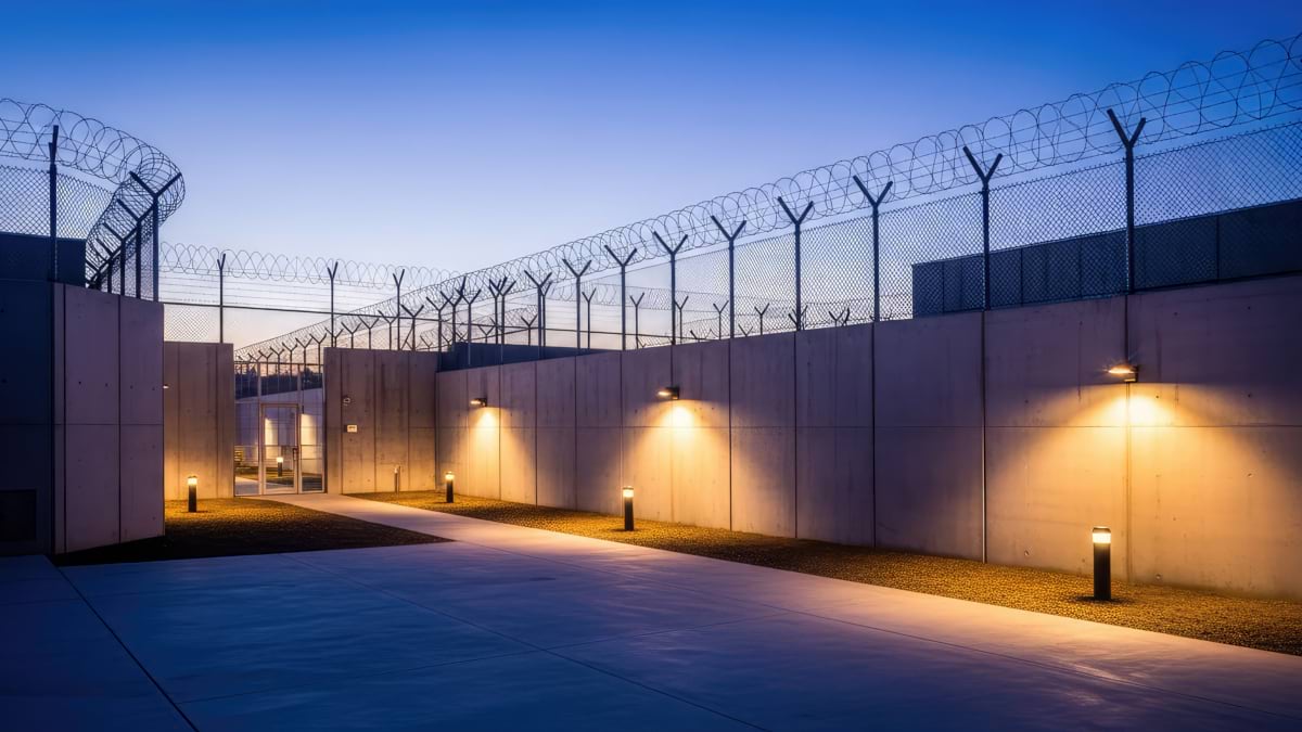 Dusk view of a modern prison perimeter with concrete walls, razor-wire fencing, and security lighting along a paved walkway.