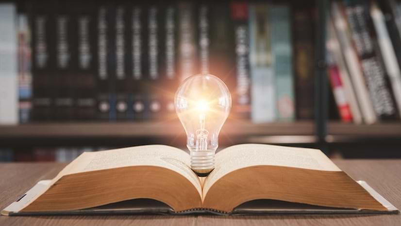 An open book with a light bulb on the pages