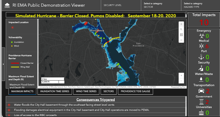 A digital dashboard for a hurricane with a map and numerical data displayed