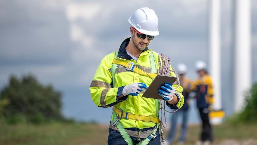 A mobile worker outside wearing a white hard hat and holding a tablet