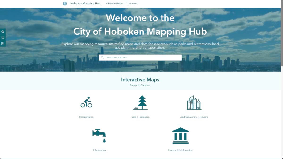 Hoboken Mapping Hub homepage showing a city skyline hero image, a search bar, and five browsable map categories including transportation, parks, and land use.
