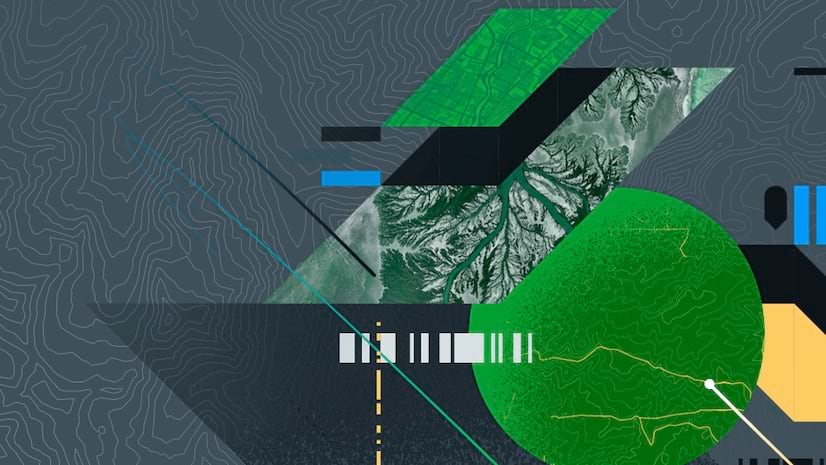 A series of geometric shapes set against an abstract background of wavy lines