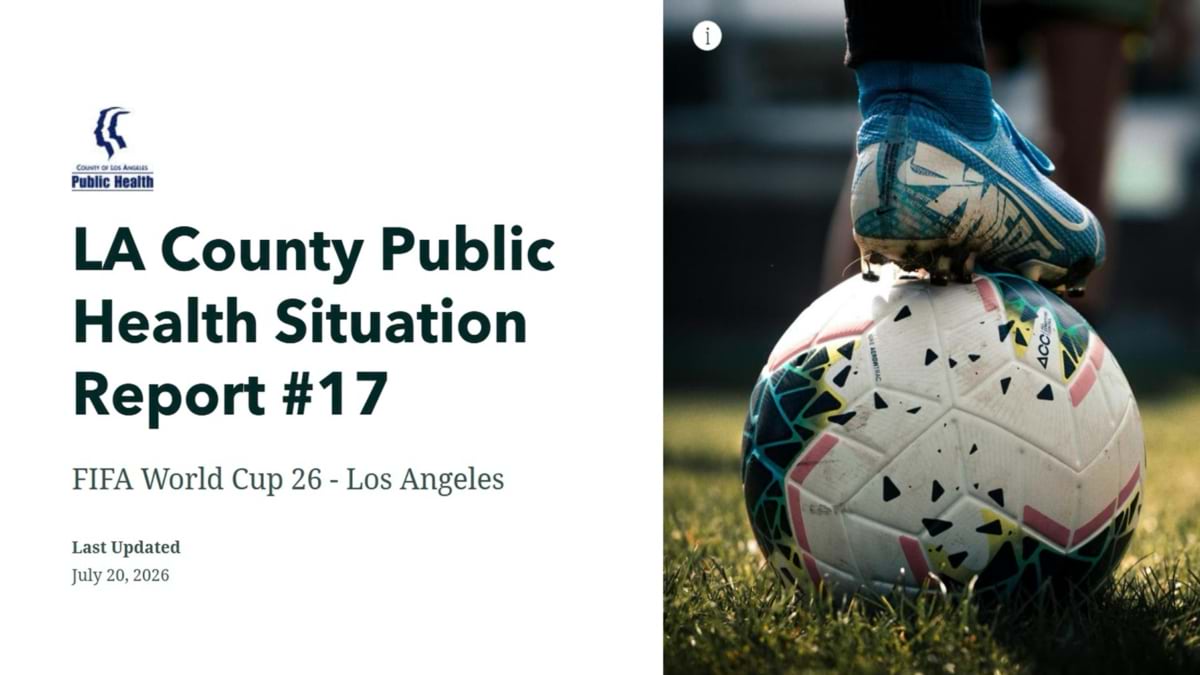 Title slide for LA County Public Health Situation Report #17, with a photo of a cleat resting on a soccer ball.