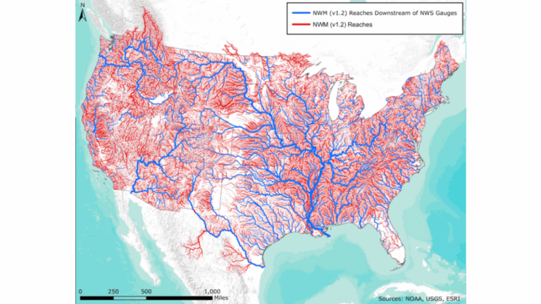 Map of the continental US showing National Water Model stream reaches in red and NWS gauge-covered reaches in blue.