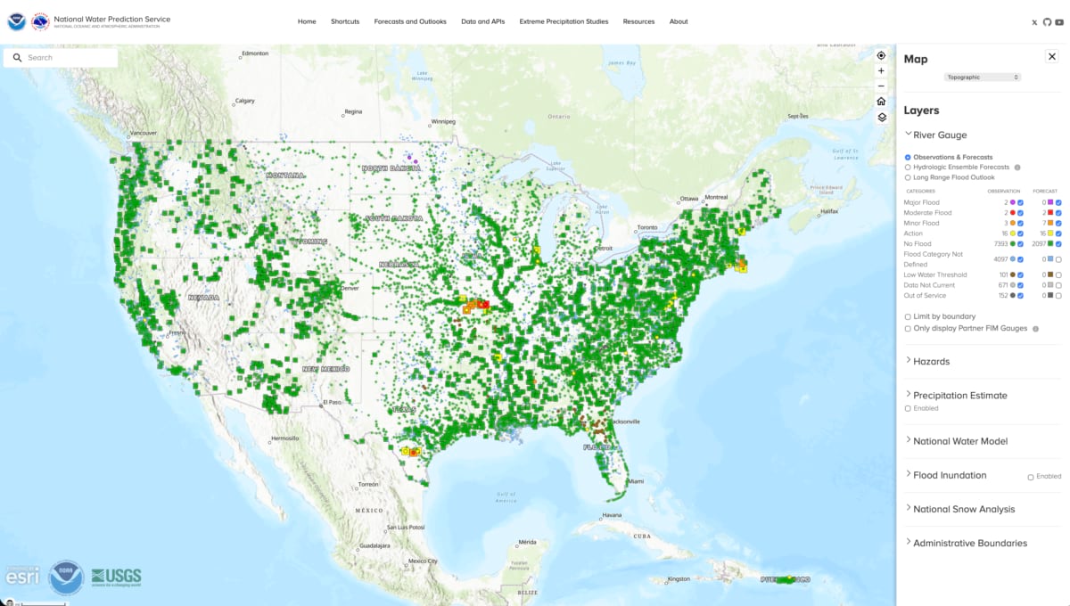Screenshot of the National Water Prediction Service map with layers for gauges, flood inundation, and snow data.