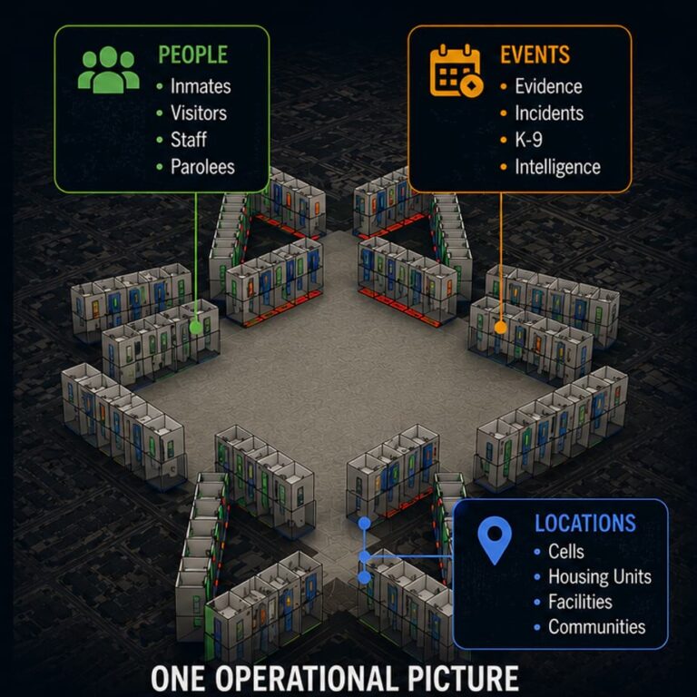 Diagram of a 3D correctional facility labeled "One Operational Picture," with categories for people (inmates, visitors, staff, parolees), events (evidence, incidents, K-9, intelligence), and locations (cells, housing units, facilities, communities).