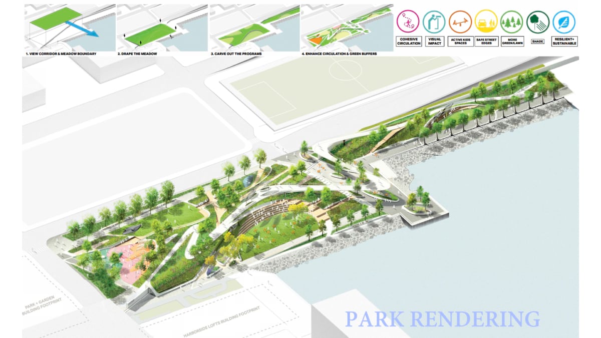 Isometric rendering of a Hoboken waterfront park with terraced green space, trees, recreation areas, and a resilient riprap shoreline edge along the Hudson River.