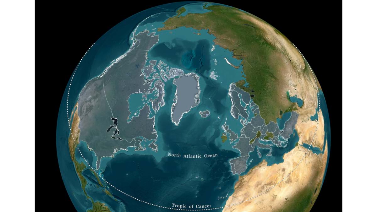 Polar projection map of the Northern Hemisphere with a dashed circle outlining NATO member territory, titled "Protecting Allied territory and populations for over 76 years."