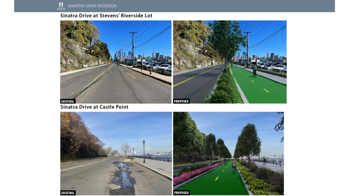Side-by-side existing and proposed views of Sinatra Drive showing new protected green bike lanes and landscaping.