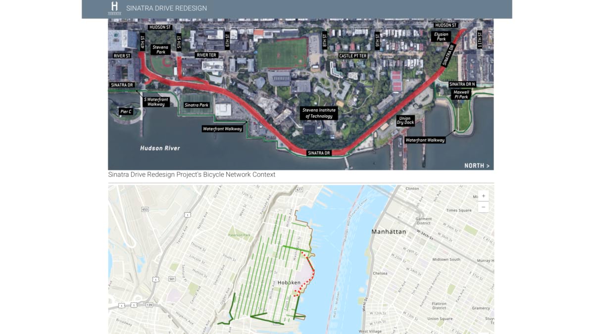 Map of Sinatra Drive bike corridor along Hoboken's Hudson River waterfront, with citywide bike network inset.