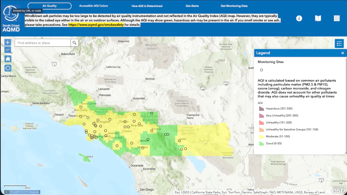 Regional map of Southern California color-coded by air quality index, from green (good) to red (unhealthy).