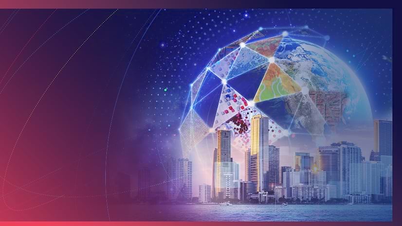 An abstract illustration of earth set above a city skyline and water