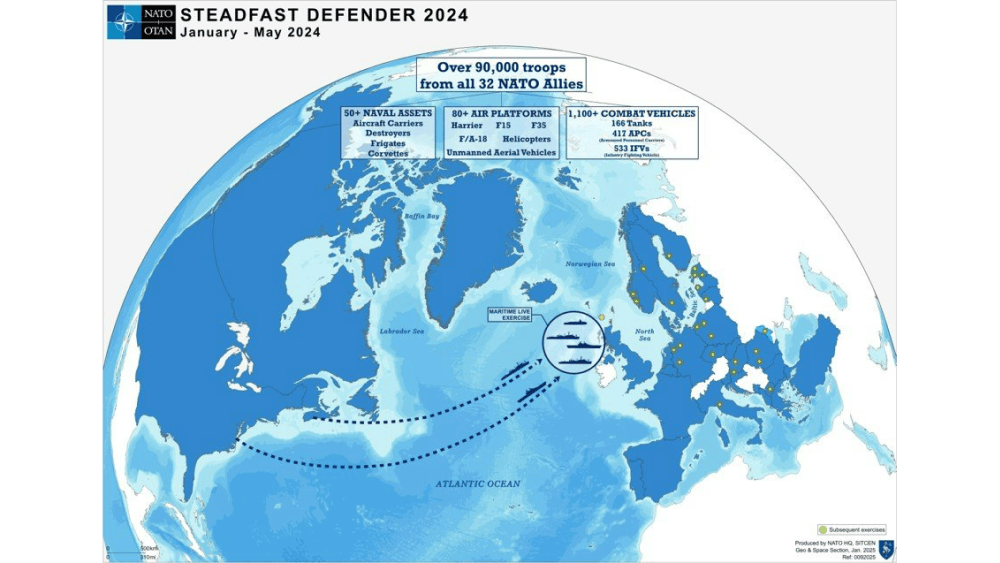 Map of the North Atlantic showing troop and ship movement routes for NATO exercise Steadfast Defender 2024, with icons across Europe and the ocean.