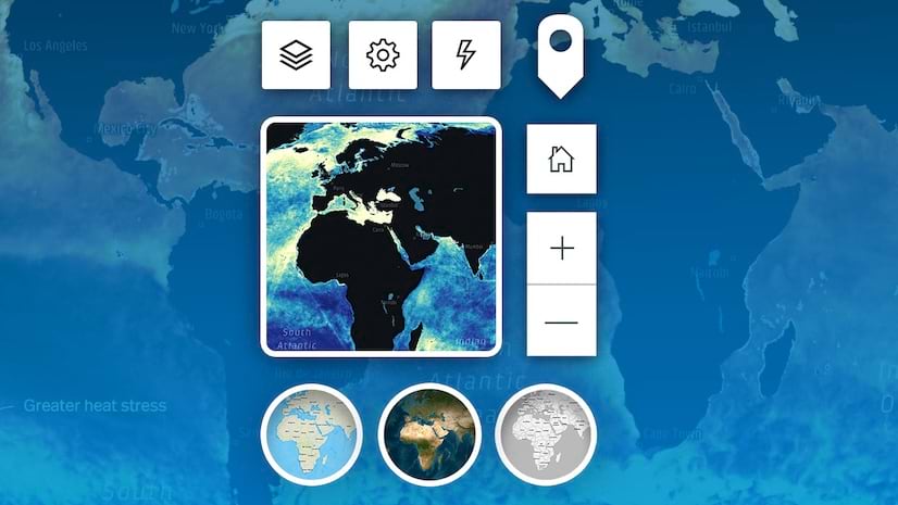 A world map background with an inset map surrounded by mapping icons