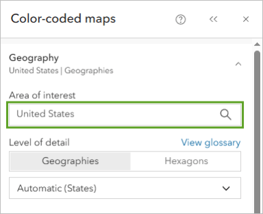 A color coded maps popup box with the US highlighted as an area of interest