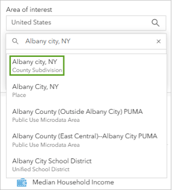 A popup box with Albany city, NY highlighted in a green box