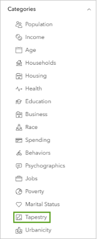 A categories popup box with the option tapestry selected in a green box
