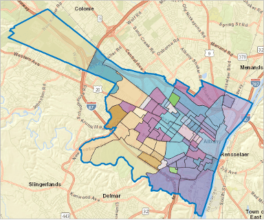 A map of Albany, NY, with colored squares highlighting different regions