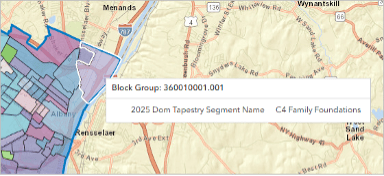 A map with a popup box displaying ArcGIS Tapestry data