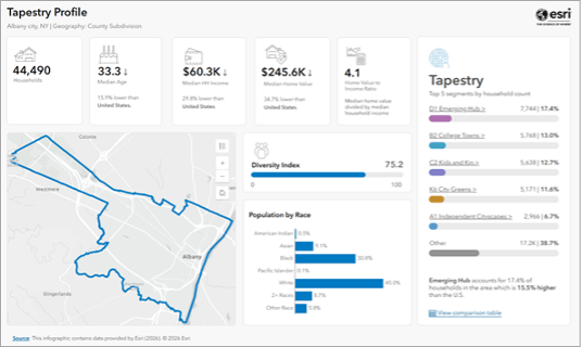 A Tapestry Profile infographic with a map and numerical data