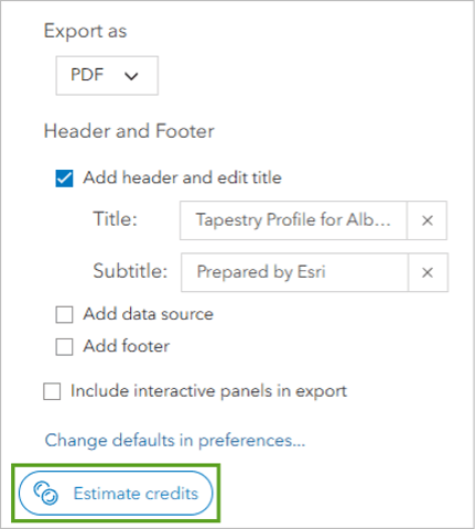 An Estimate credits button in an export PDF popup box