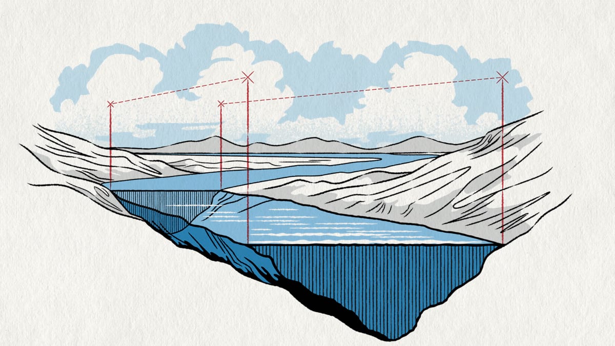 Cross-section of a river valley with water filling in horizontal bands, red lines marking rising elevation increments above the streambed.