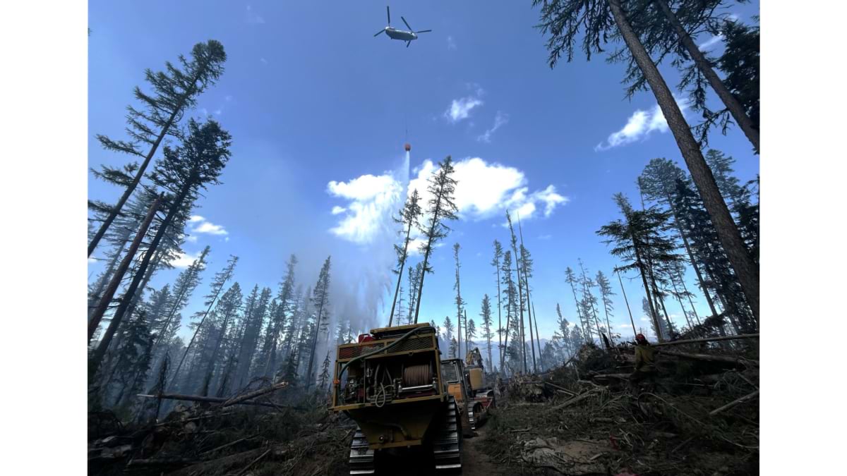 Helicopter releasing a water drop above heavy equipment cutting fire line through forest.