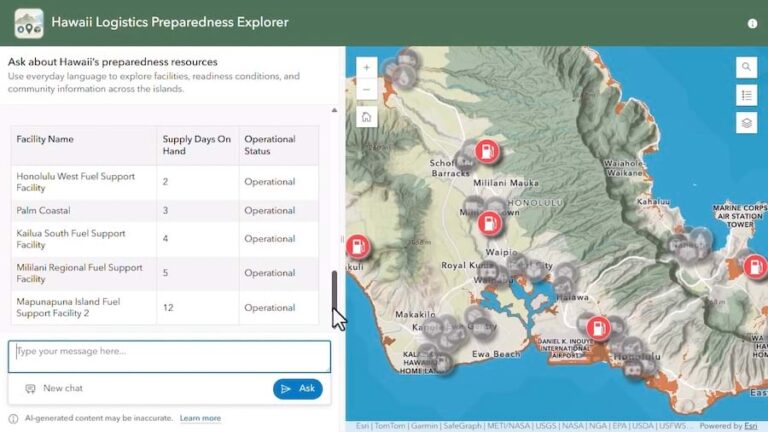 A map of Hawaii with scattered gas station icons next to a blank message box