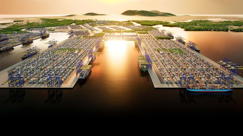 A 3D rendering of a port at sunset