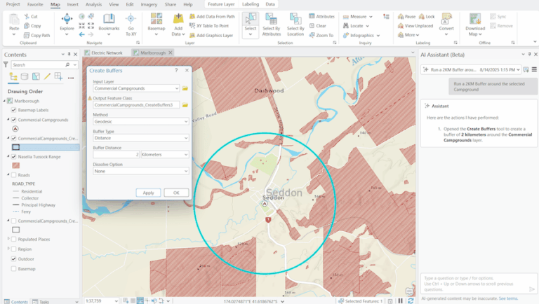 A beige and red map opened in ArcGIS Pro with a green circle drawn in the middle