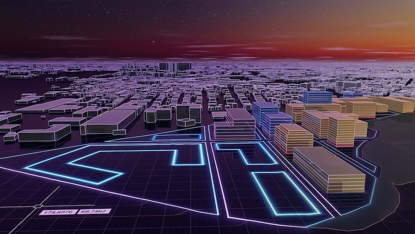 3D rendering of a city at sunset