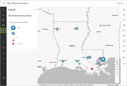 A southeast US map with scattered blue and white arrows and a map legend