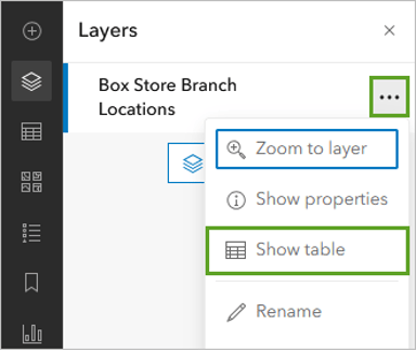 A layers box open in ArcGIS Online with the show table option selected