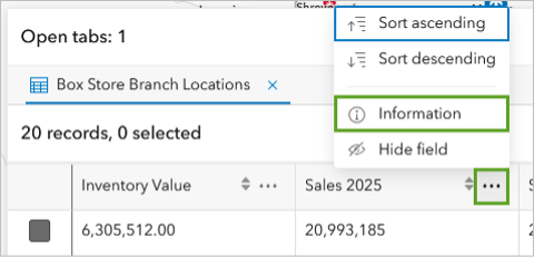 An attribute table with numerical data and the filter option showing