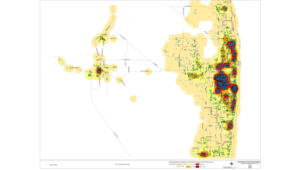 Map of Palm Beach County showing student density and no-internet response hotspots.