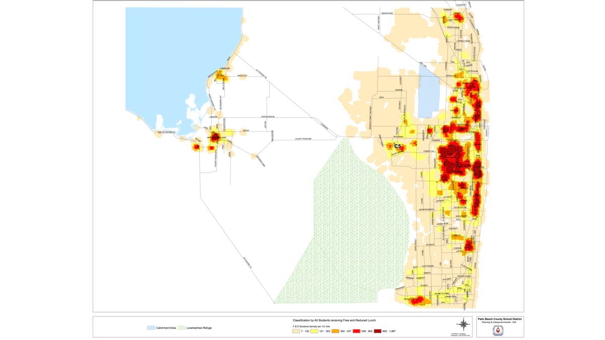 Map showing density of free and reduced lunch students across Palm Beach County.