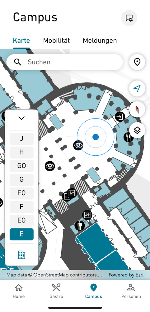 An indoor building map featuring different shapes and a map legend